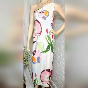 Cult Gaia One-Shoulder Linen Midi Dress Abstract Print Size L